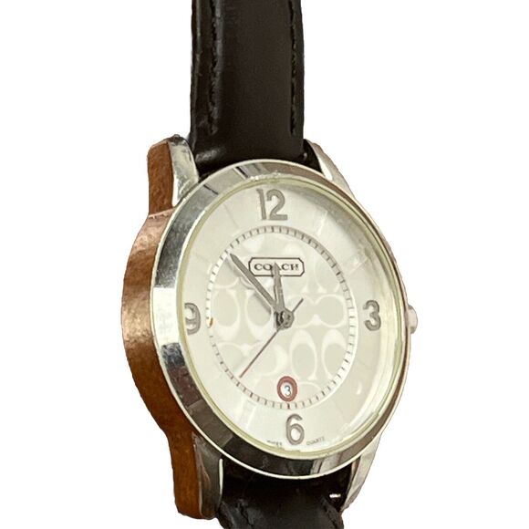 Coach‎ Wrist Watch Ladies Analog Date Logo Silver-tone deBeer Black Leather Band - Picture 5 of 9